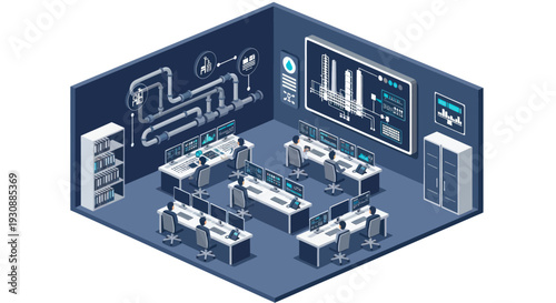 Isometric Data Center with Engineers Monitoring Systems.