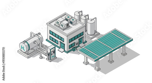 Isometric Green Hydrogen Production and Refueling Station with Solar Panels.