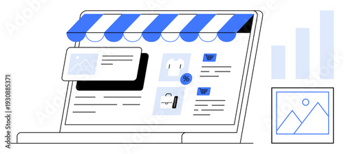 E-commerce concept. E-commerce platform showcases features thumbs up storefront design, shopping cart, and analytics. E-commerce empowers businesses for online sales and growth. Great for marketing