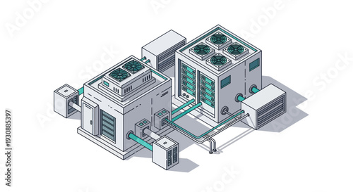 Isometric HVAC System Illustration for Industrial Cooling and Heating.