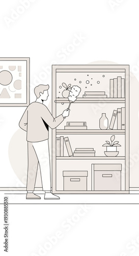 Man Dusting Bookshelf with Feather Duster Home Organization and Cleaning Routine