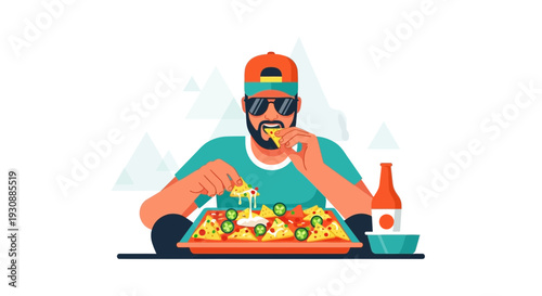 Man Eating Nachos With Bottle And Dip