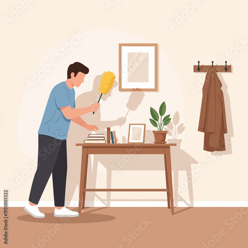 Man Dusting Table With Books And Plant