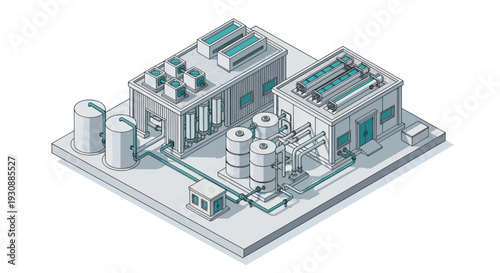 Isometric Illustration of a Modern Industrial Power Plant Facility.