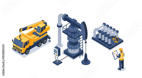Isometric illustration of oil and gas industry equipment and worker.
