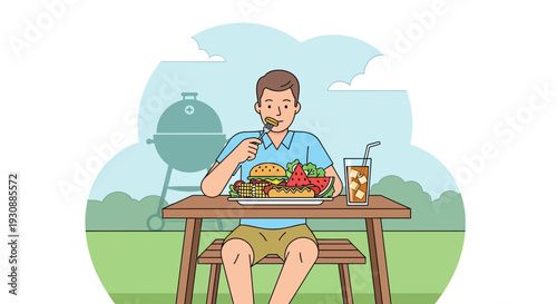 Man Enjoying A Delicious Barbecue Meal Outdoors Surrounded By Nature