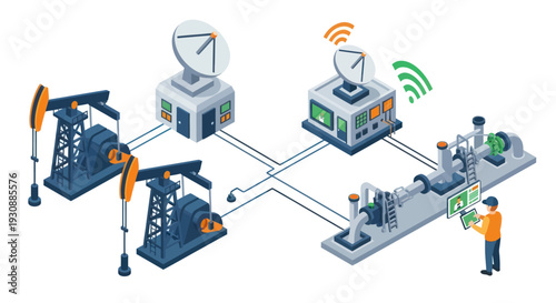 Isometric illustration of oil and gas industry with remote monitoring.