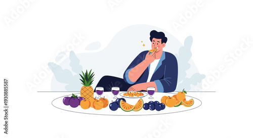 Man Enjoying A Delicious Meal Of Exotic Fruits And Wine