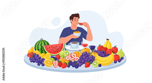 Man Enjoying A Fresh Fruit Feast With A Vibrant Assortment Of Nature's Bounty