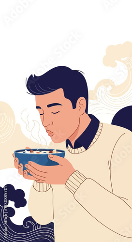 Man Enjoying Aromatic Soup A Moment Of Calm And Warmth