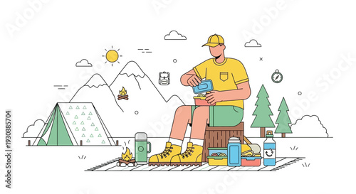 Man Enjoying Camping Meal With Mountain Scenery And Tent