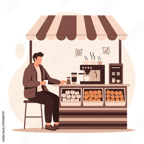 Man Enjoying Coffee At A Quaint Outdoor Beverage Stand Illustration