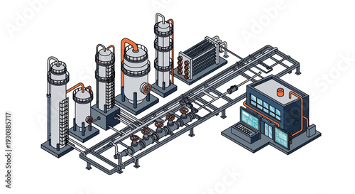 Isometric Industrial Chemical Plant with Storage Tanks and Processing Units.