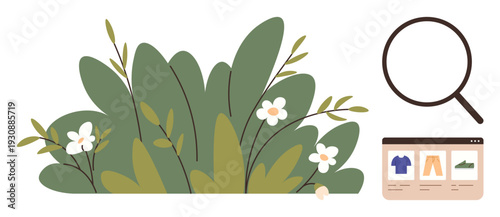 Online shopping, e-commerce, product search, nature, eco-friendly , retail browsing. A magnifying glass, shopping interface and green leaves with white flowers. online shopping and eco-friendly