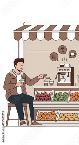 Man Enjoying Coffee At A Bustling Outdoor Cafe Stand Surrounded By Fresh Produce
