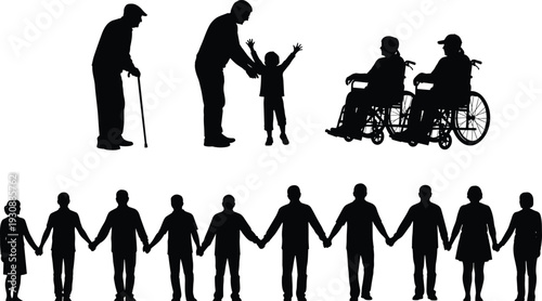 People Silhouettes Holding Hands and Supporting Each Other Including Seniors Children and Wheelchair Users Representing Community Unity Social Inclusion and Diversity