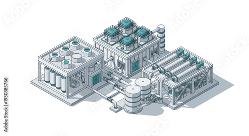 Isometric Industrial Complex with Storage Tanks and Processing Units.