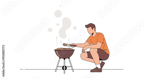 Man Grilling Meat On Barbecue Outside Summer Day
