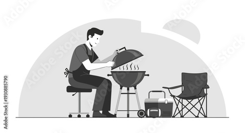 Man Grilling Outdoors With Portable Cooler and Folding Chair