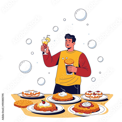 Man Enjoying Sweet Treats And Refreshing Beverage Celebration Delight