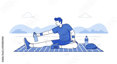 Man Exercising Outdoors With Water Bottle And Towel In Flat Style Illustration