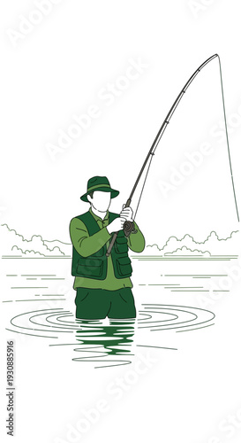 Man Fishing In Water With Rod And Reel In A Stylized Illustration
