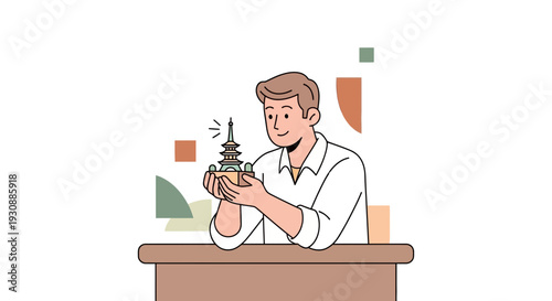 Man Holding a Miniature Tower, Architectural Model, and Contemplative Look