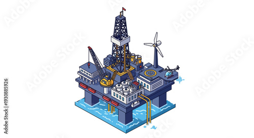Isometric Offshore Oil Rig Platform for Energy Production.