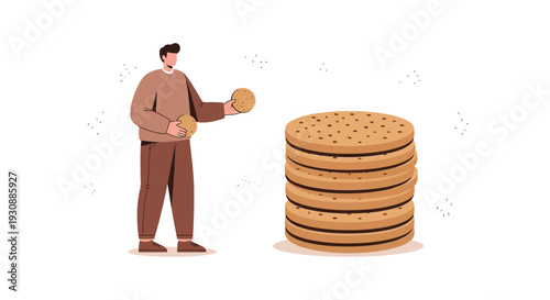 Man Holding Biscuit Near Tower of Cookies
