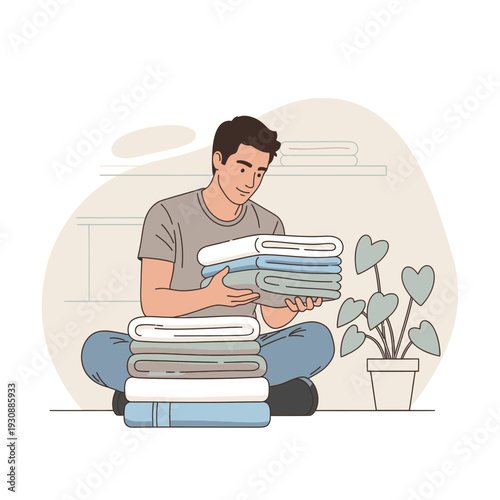 Man Folds Stacked Laundry Domestic Chores Routine Home Life Illustration