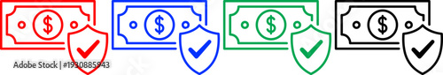 Set of dollar bill with shield and checkmark icons for secure payment or financial protection design