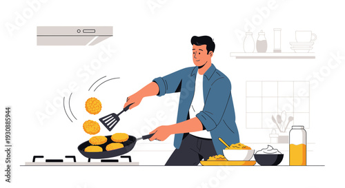 Man Frying Delicious Food In Kitchen While Preparing Meal