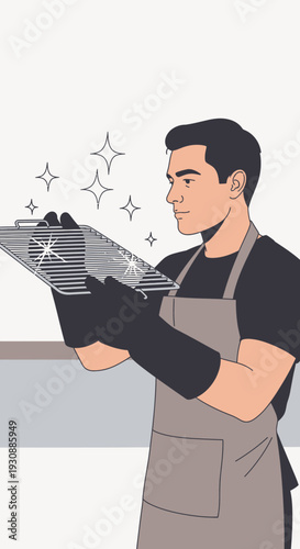 Man Holding Cleaned Grill Grate with Sparkles