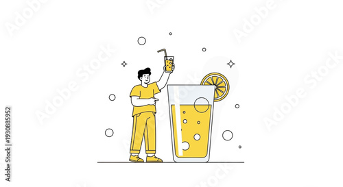 Man Holding A Tiny Glass Of Yellow Drink Next To A Giant Glass Of Lemonade With A Lemon Slice