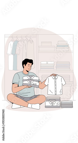 Man Folding Shirts At Home Organization Concept Minimalist Style Illustration