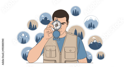 Man Holding Compass Navigating Through Mountainous Landscapes