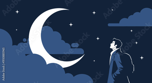 Man Gazing At A Giant Crescent Moon And Stars At Night
