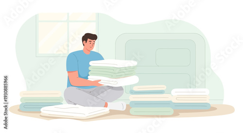 Man Folding Laundry Inside A Minimalist Apartment With Soft Natural Light