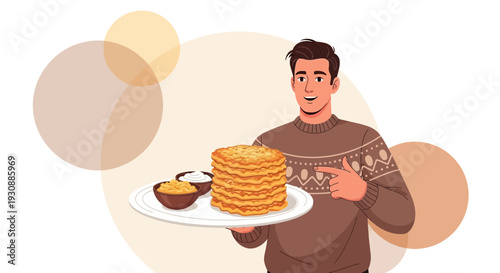 Man Holding Delicious Stack Of Pancakes With Creamy Toppings And Fruit Preserves