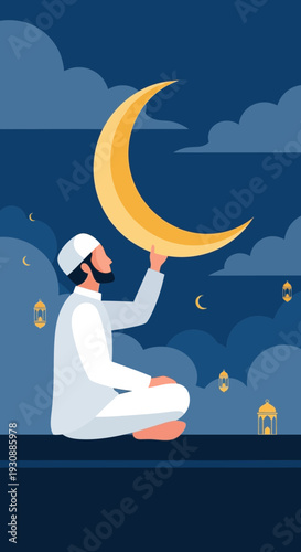 Man Gazing At Crescent Moon Holding Symbol Of Ramadan And Islamic Celebrations