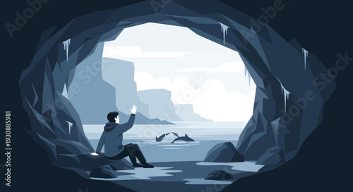 Man Gazes From Icy Cave At Dolphins Swimming In Arctic Waters