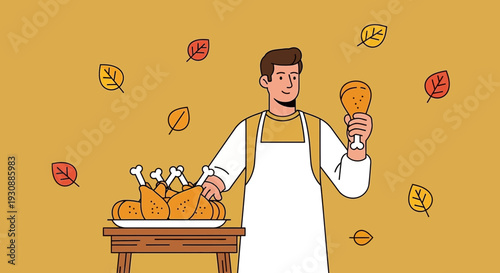 Man Holding Delicious Roasted Chicken Drumstick Beside Platter