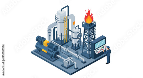 Isometric Oil and Gas Refinery Plant with Flare Stack and Industrial Equipment.