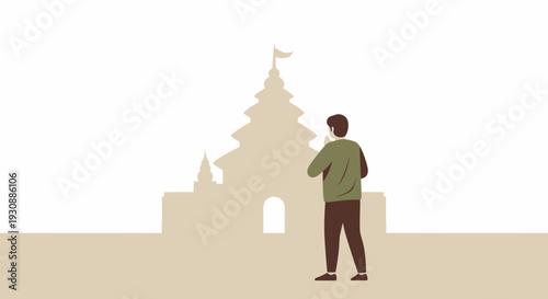 Man Gazing At Traditional Temple Structure