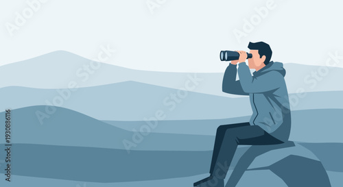Man Gazing Through Binoculars Over Hilly Landscape