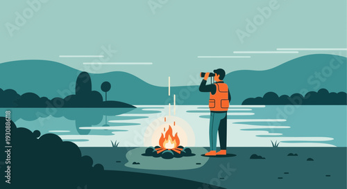 Man Gazing Through Binoculars By Campfire Next To Serene Lake Scenery