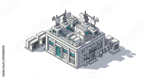 Isometric Pixel Art Communication Center Building with Antennas.