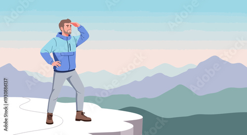 Man Gazing Towards Distant Peaks From Snowy Summit