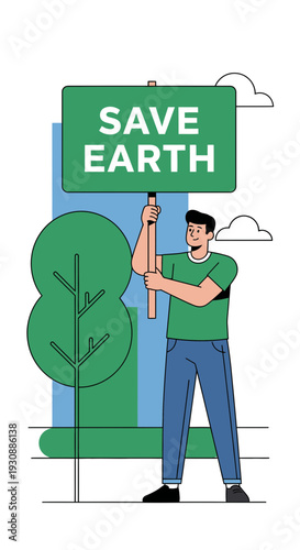 Man Holding Save Earth Sign Promoting Environmental Awareness and Conservation Efforts