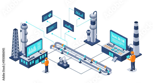 Isometric Smart Factory with Automated Production Line and Human Operators.